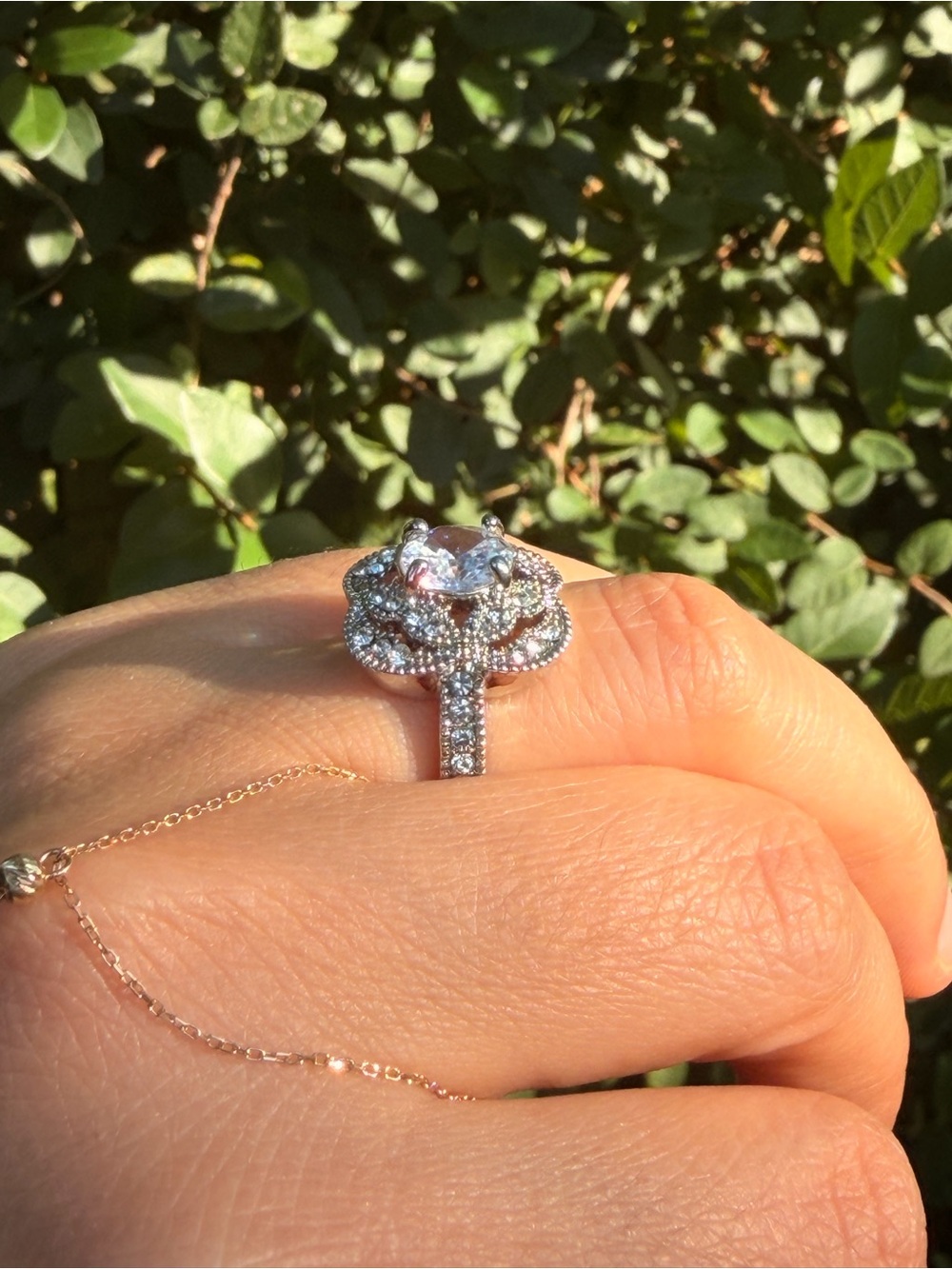 Sterling Silver Halo Flower Engagement Ring with Clear Center Stone - Picture 2 of 7